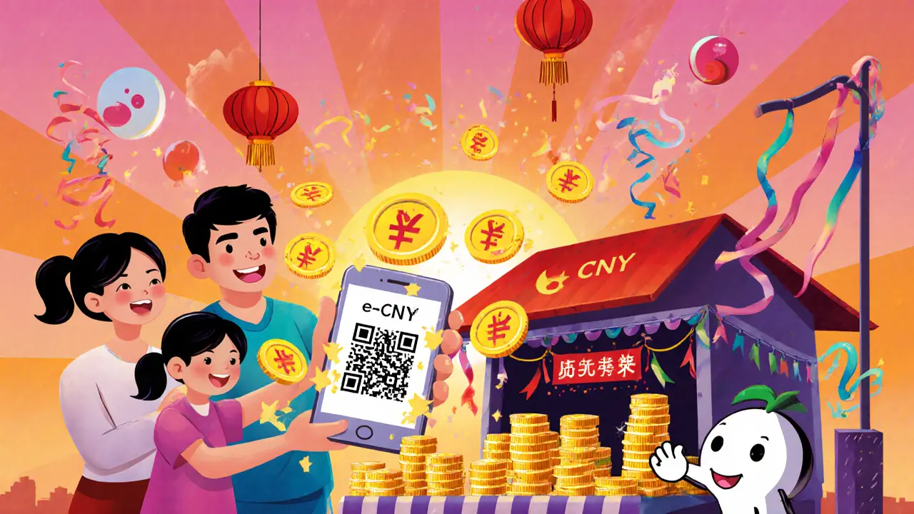 Bright scene of people using the digital yuan on phones and at market stalls.