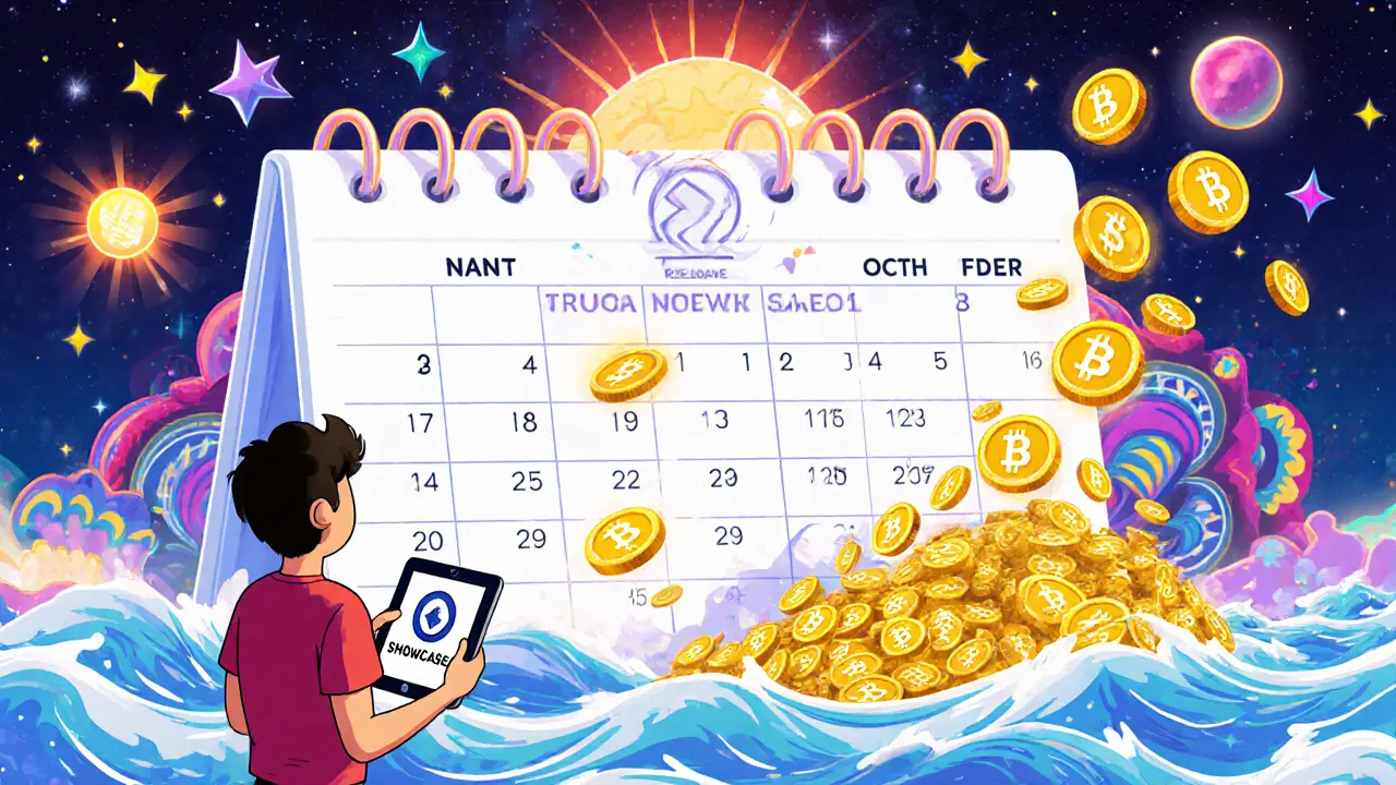 Cosmic calendar displaying SHO airdrop vesting schedule with tokens flowing around a relaxed character.