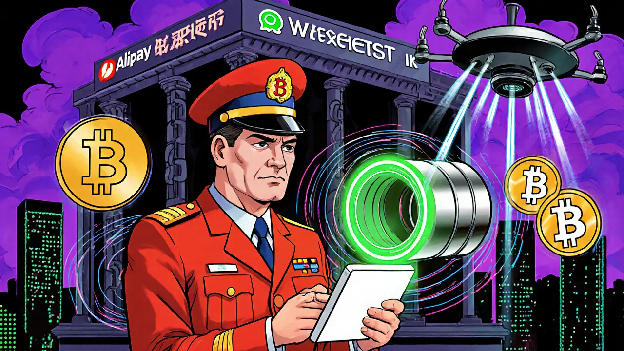 Illustration of police, banks, and drones enforcing the crypto ban with neon data streams.