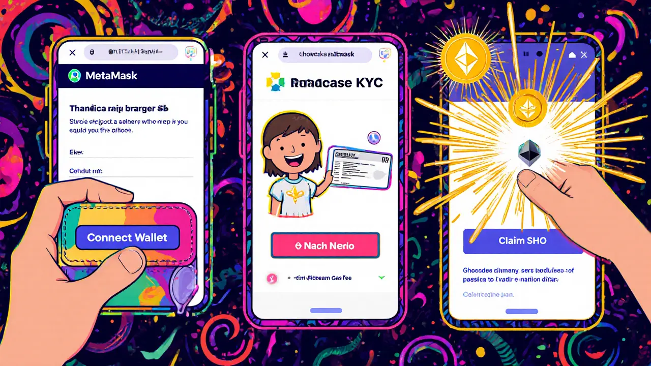 Three comic panels showing wallet connection, KYC verification, and token claim with bright neon accents.