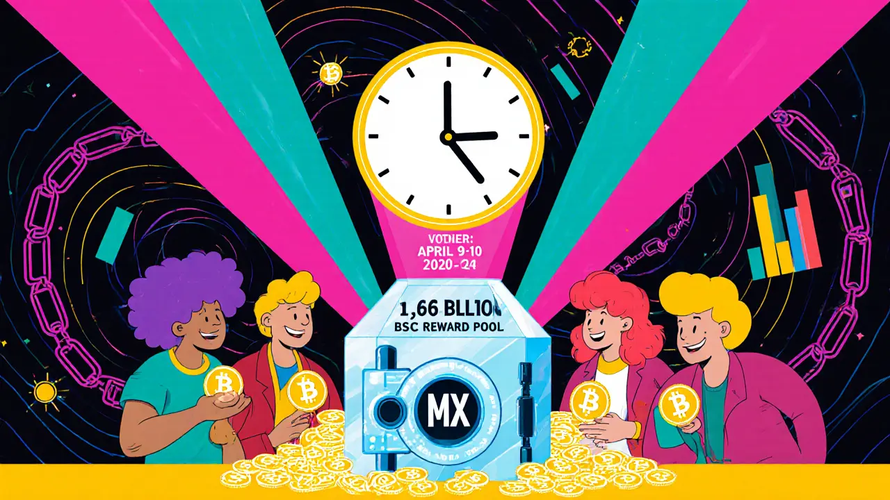 Peter Max style illustration of MEXC Kickstarter airdrop with MX tokens and voting clock.