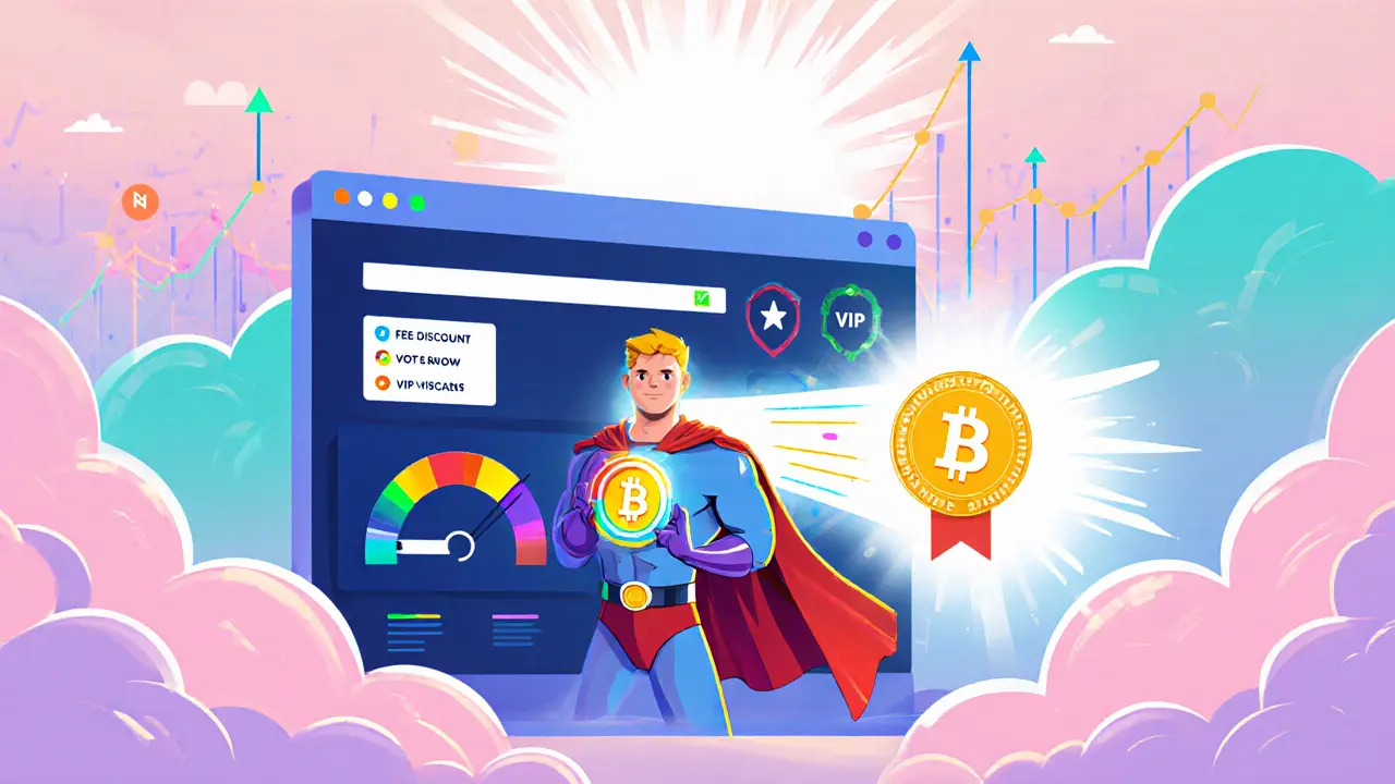 Peter Max style scene of a user claiming BIT, showing fee discounts and voting.