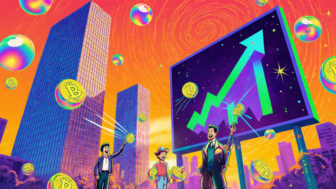 Psychedelic scene of floating real‑estate tokens over a futuristic skyline.