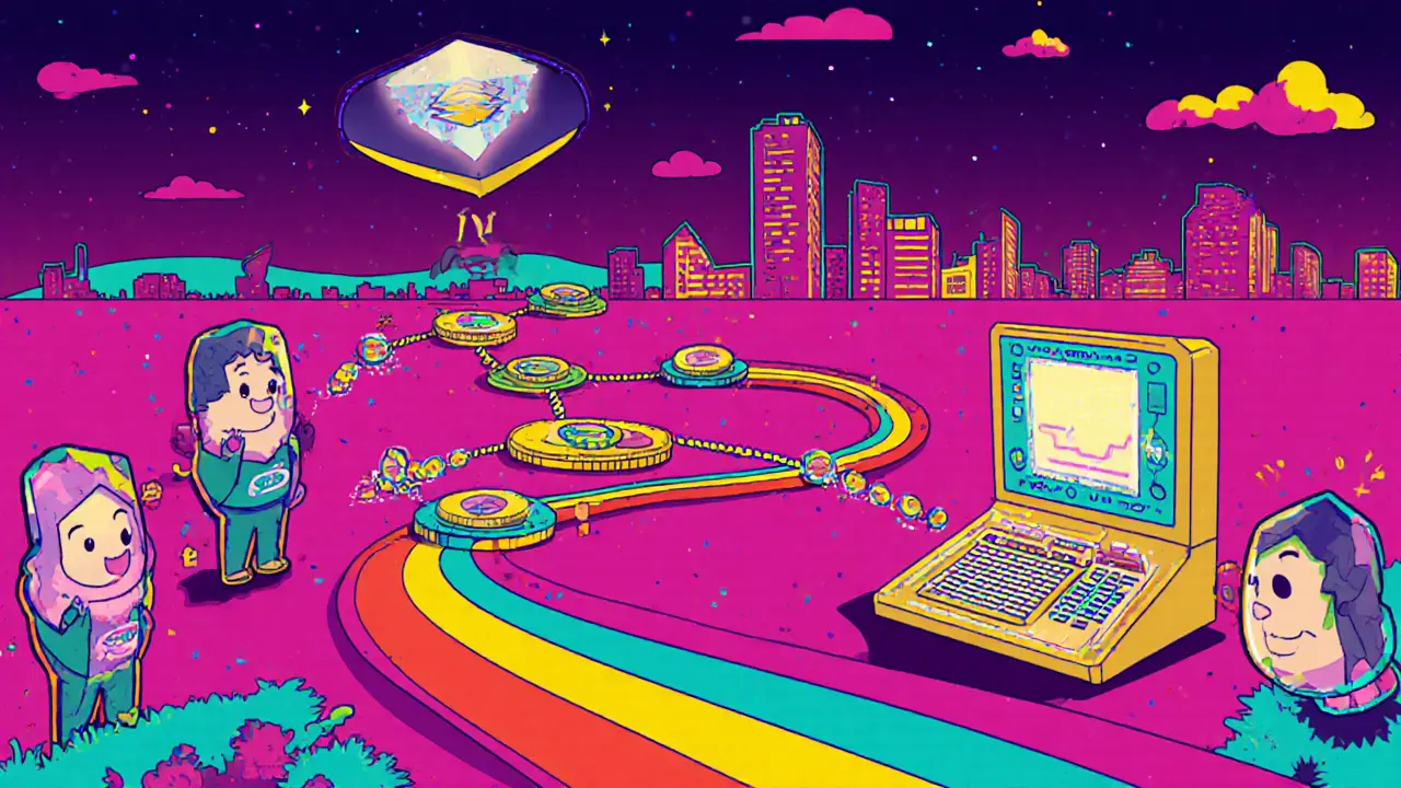 Vibrant illustration of blockchain elements linking a building to digital tokens.