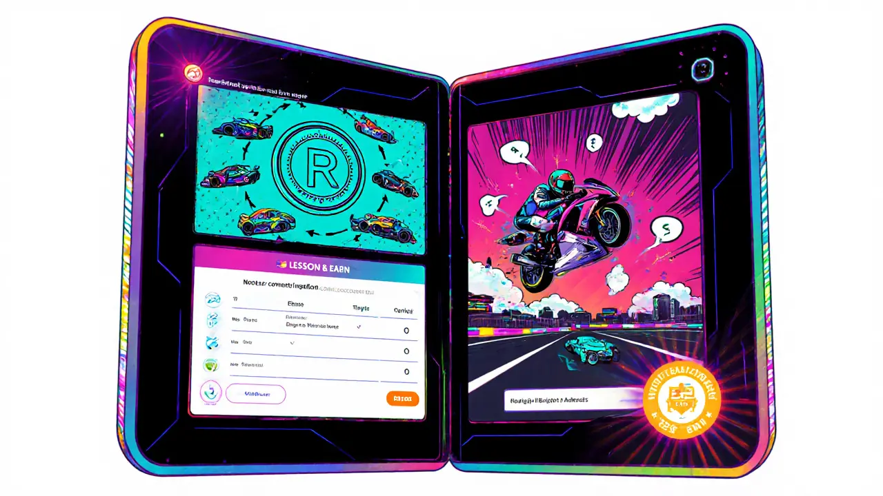 Bright tablet showing REVV Learn & Earn lessons with racing cars, quiz scores, and a wallet address field.
