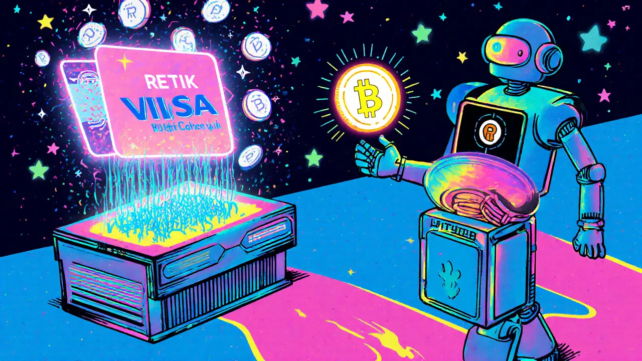 Collage of RETIK debit card, payment gateway, AI lending robot, and rainbow wallet.
