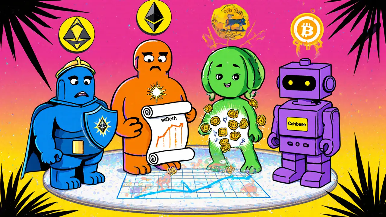 Peter Max cartoon of four token characters—BETH, WBETH, stETH, cbETH—displaying their key features.