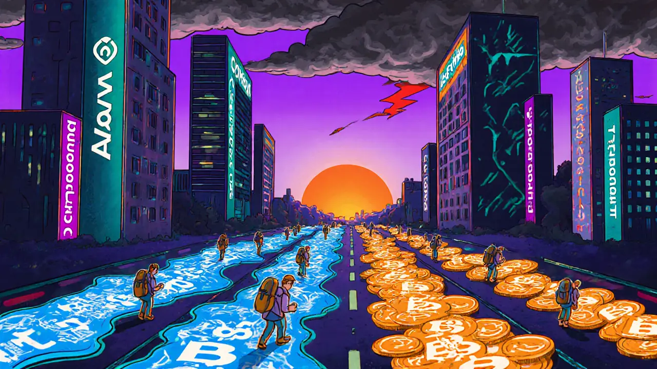 Peter Max illustration of BETH and WBETH tokens flowing through a neon DeFi city with investors and risk clouds.