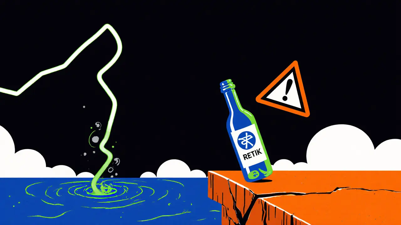 Risk scene with falling chart, gas fee clouds, and fragile RETIK bottle.