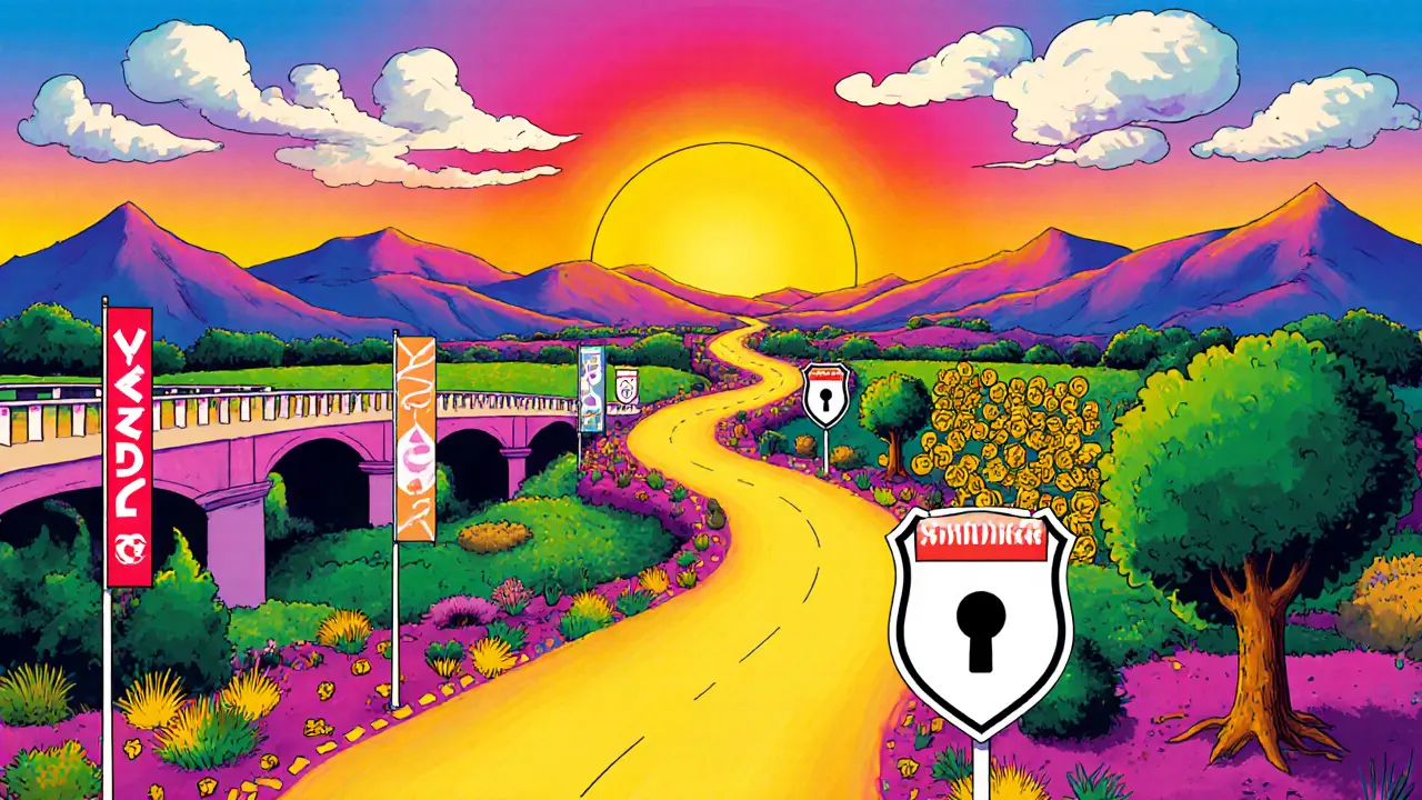 Sunrise road with bridges, community symbols, and security shields illustrating KaiDex V3’s future path.