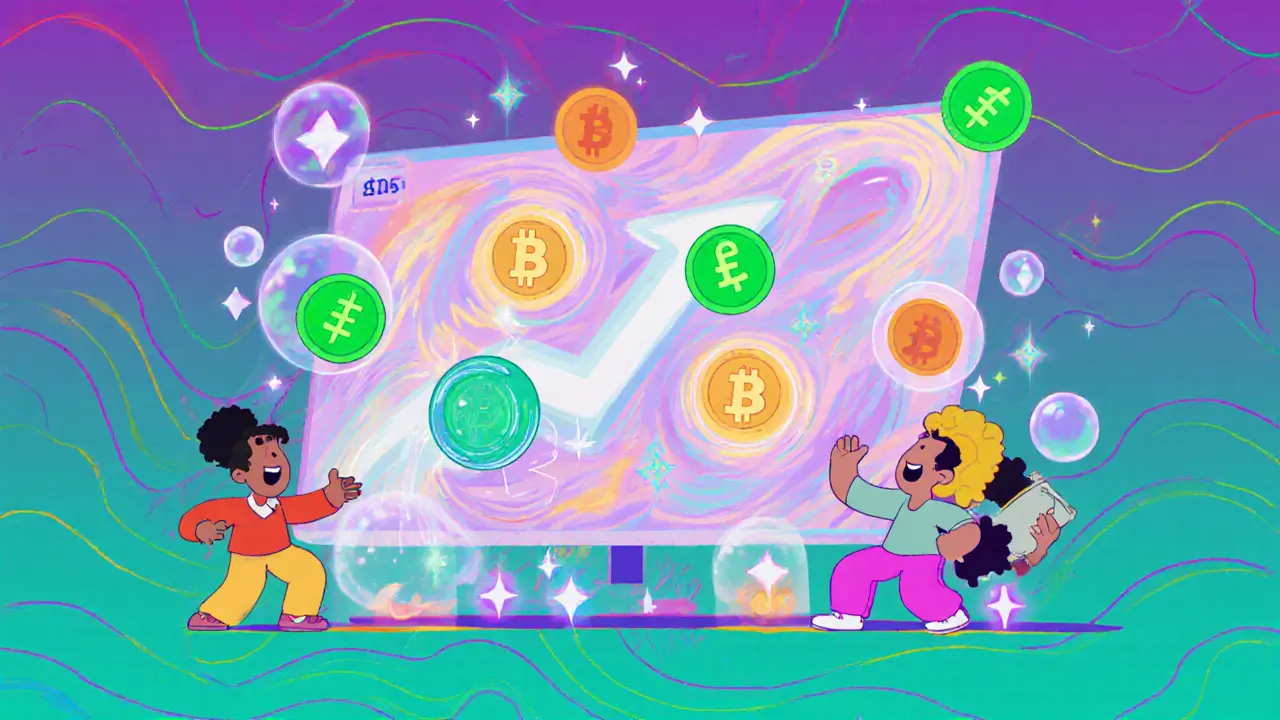 Cartoon characters swapping glowing tokens on a fast, low‑fee marketplace.