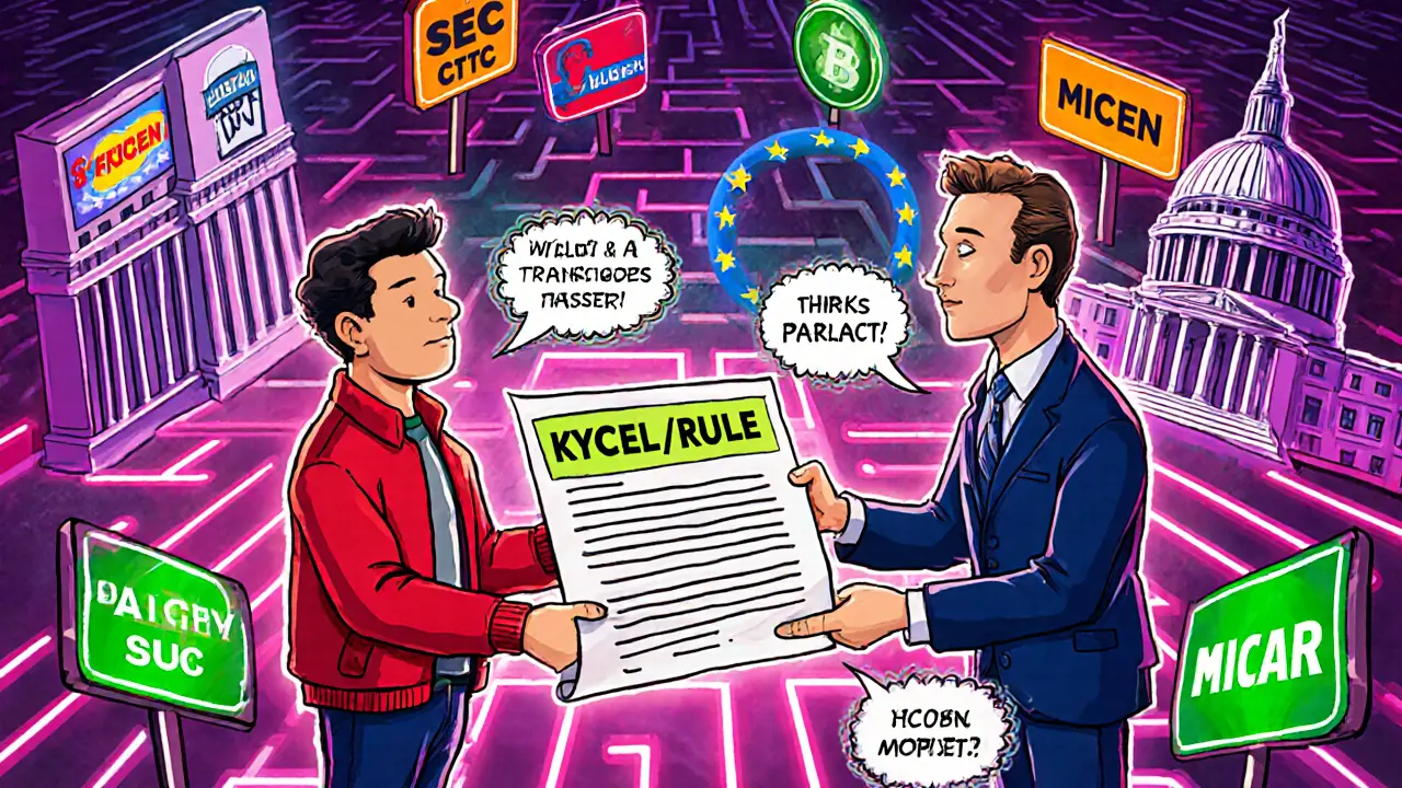 Cartoon miner handing a KYC document to regulators in a maze‑like cityscape.