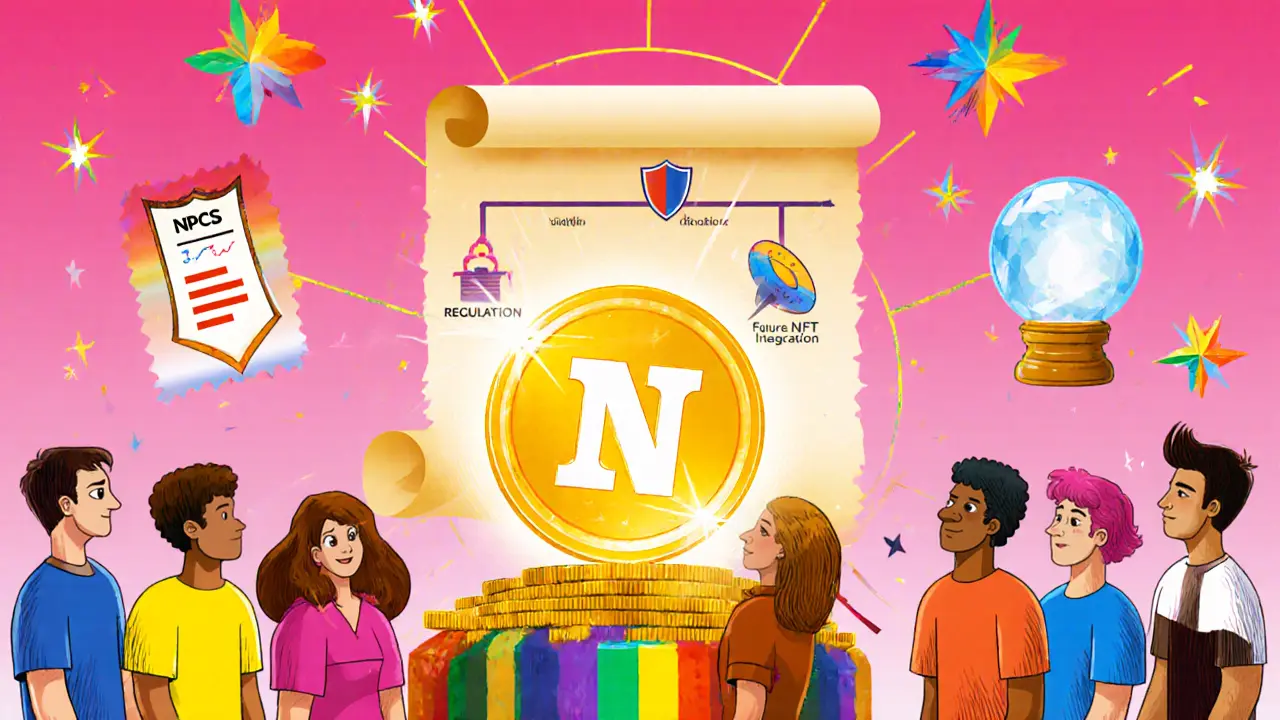 Diverse avatars gathered around a glowing token with a roadmap and voting symbols.