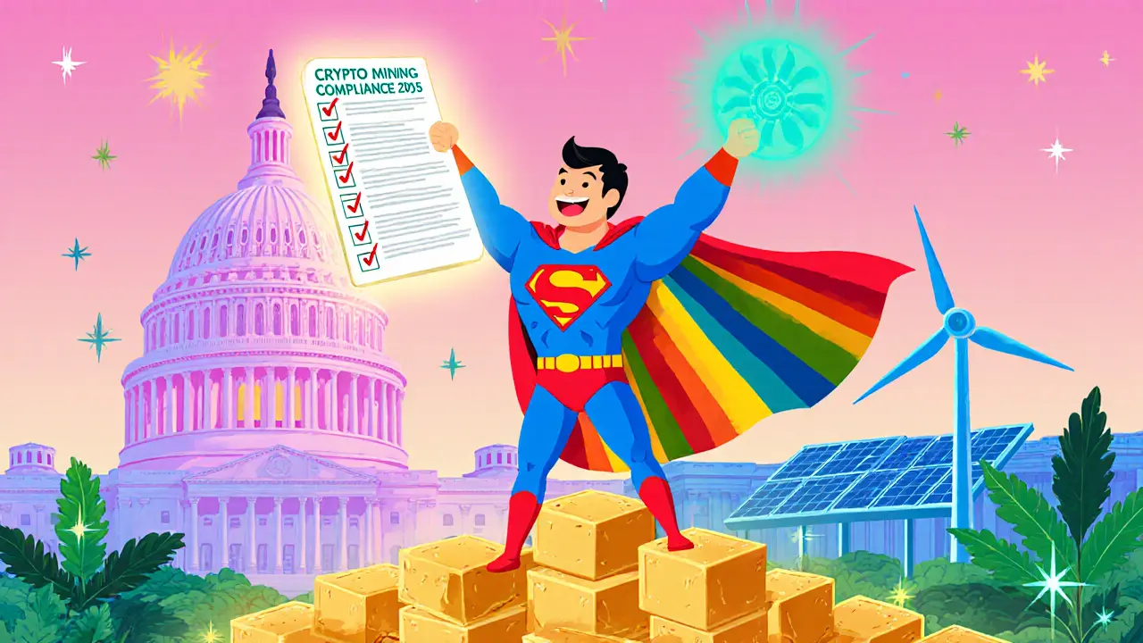Superhero miner holding a compliance checklist amid renewable energy symbols.