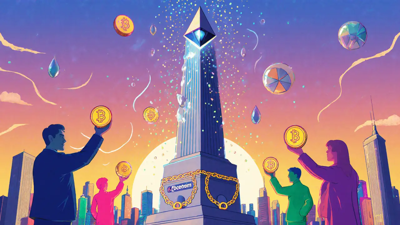 Futuristic city with Ethereum beacon locked at base and flowing stETH droplets, investors holding varied tokens.