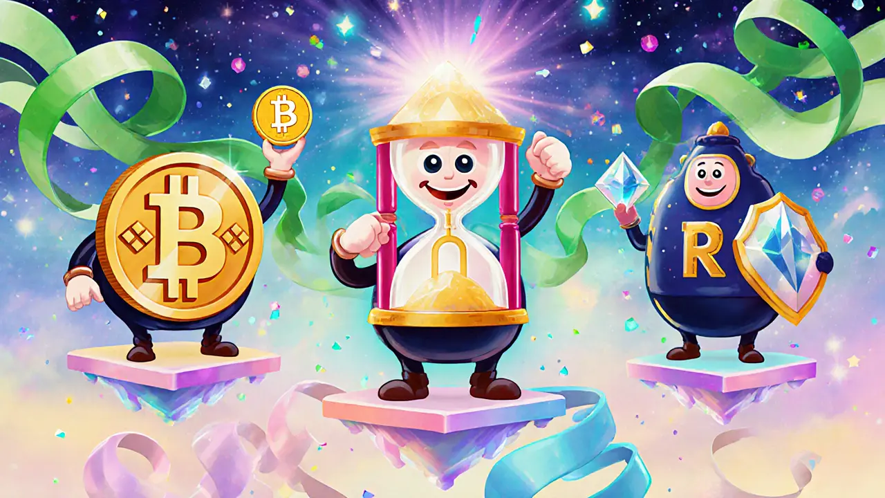 Three mascots for Binance, Kraken, Crypto.com holding locked tokens with colorful ribbons showing APY differences.