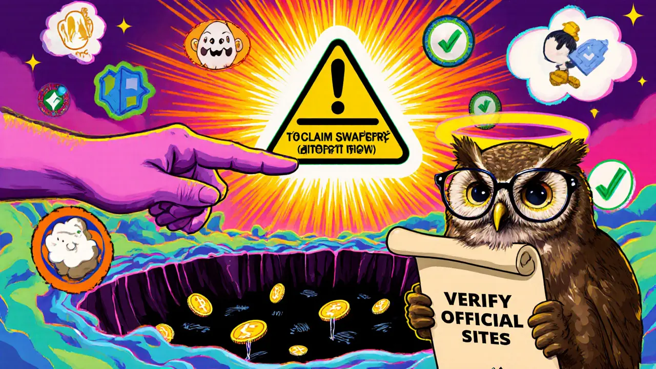 A giant hand warns against a fake token portal revealing a black hole, while a wise owl guides viewers to verified crypto projects.