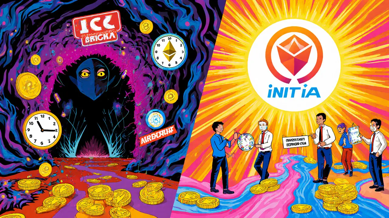 A split scene showing a chaotic scammer’s lair on one side and a peaceful legitimate airdrop hub on the other, in vibrant psychedelic style.