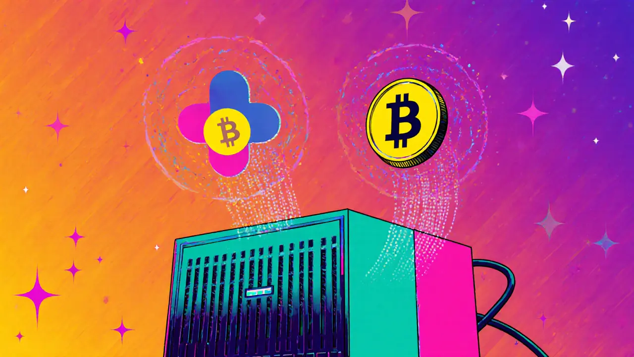 ASIC miner connecting Bitcoin and UNO symbols with streams of data.