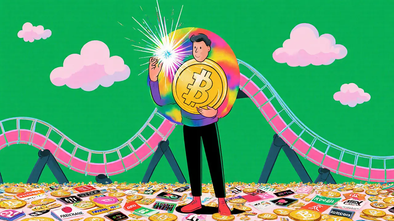 Collector holding a radiant UNO token amid faint exchange icons and price roller‑coaster.