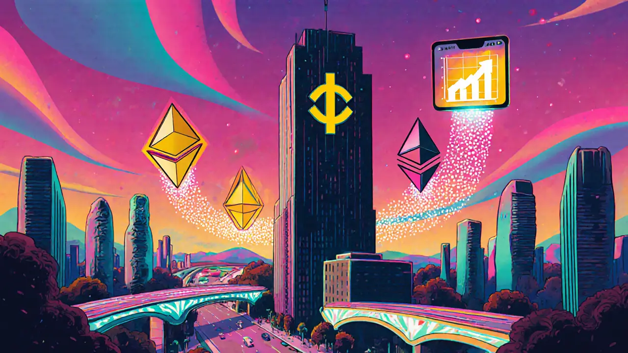 Futuristic scene of ONUS token growth with cross‑chain bridges and scaling technology.