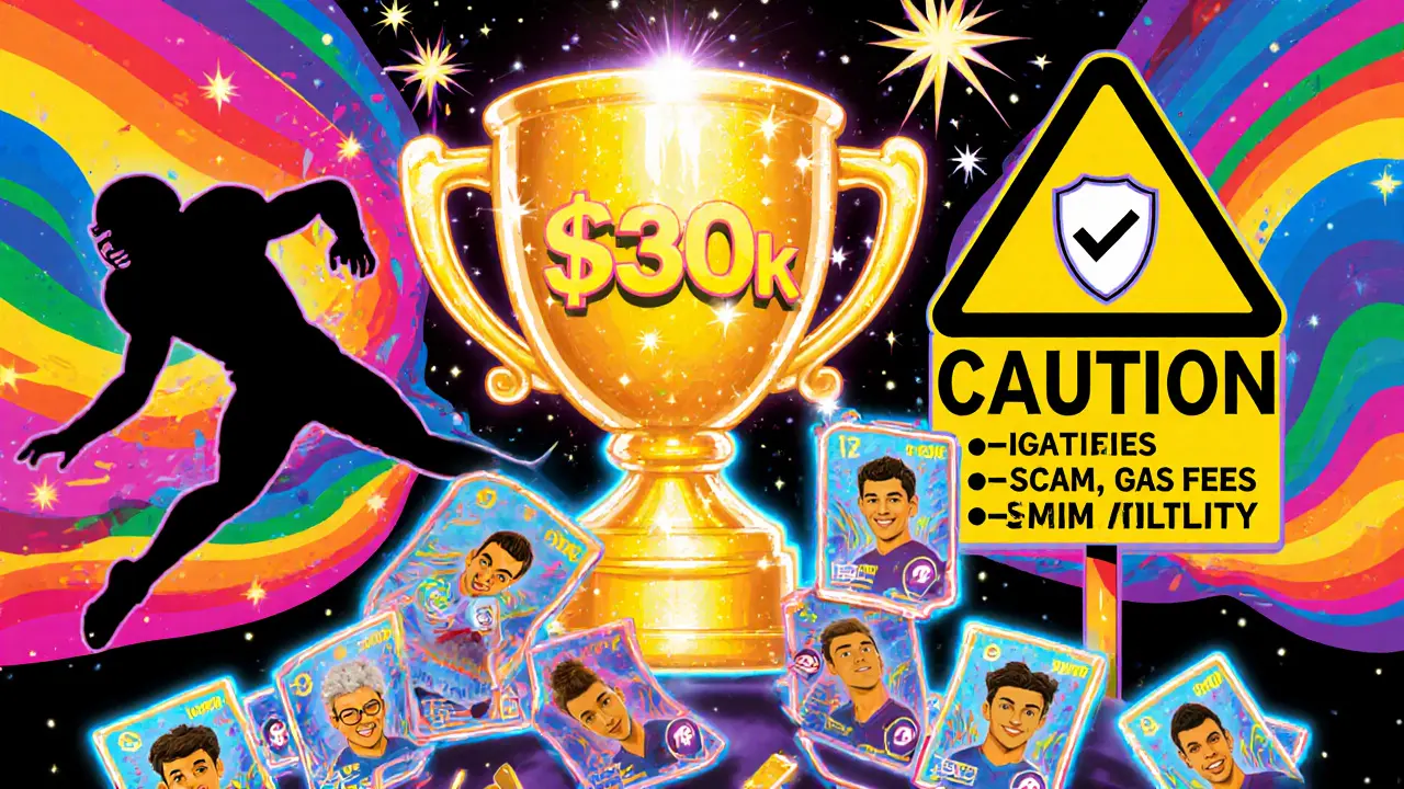 Golden trophy and football NFT cards with caution icons against a psychedelic background.