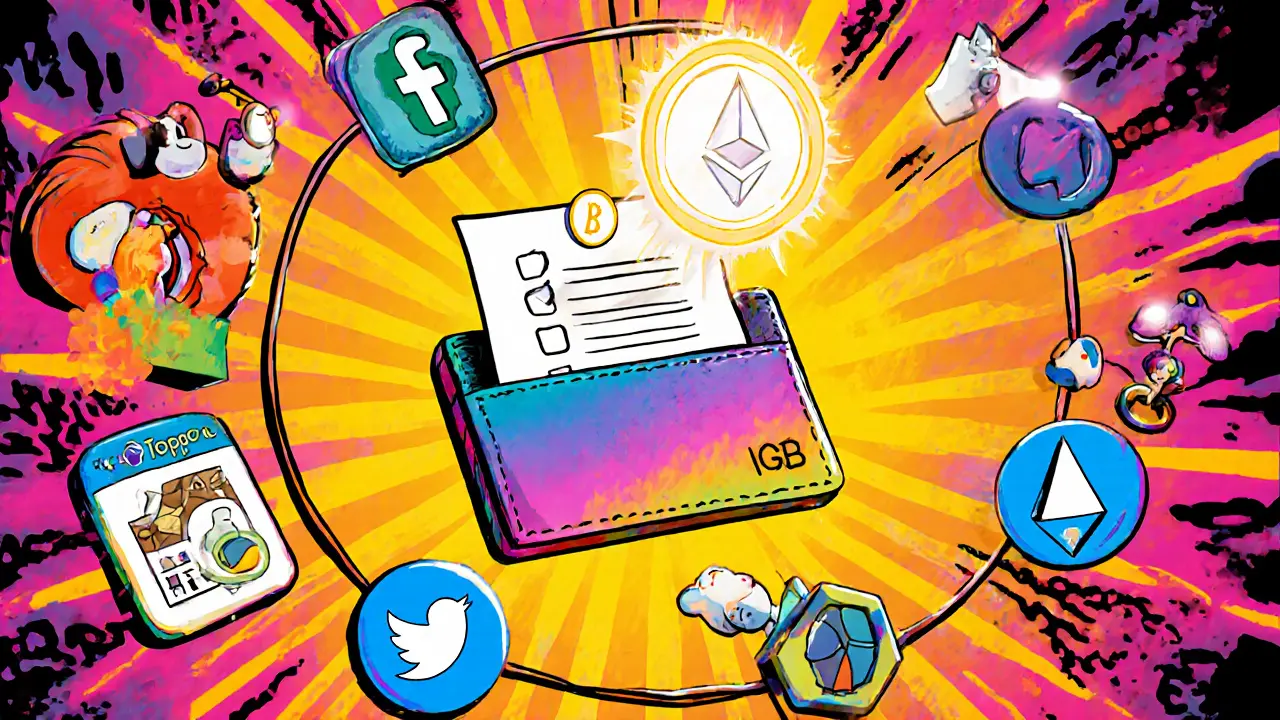 Illustrated checklist with wallet, social media icons, Google Form, and NFT card in vivid colors.