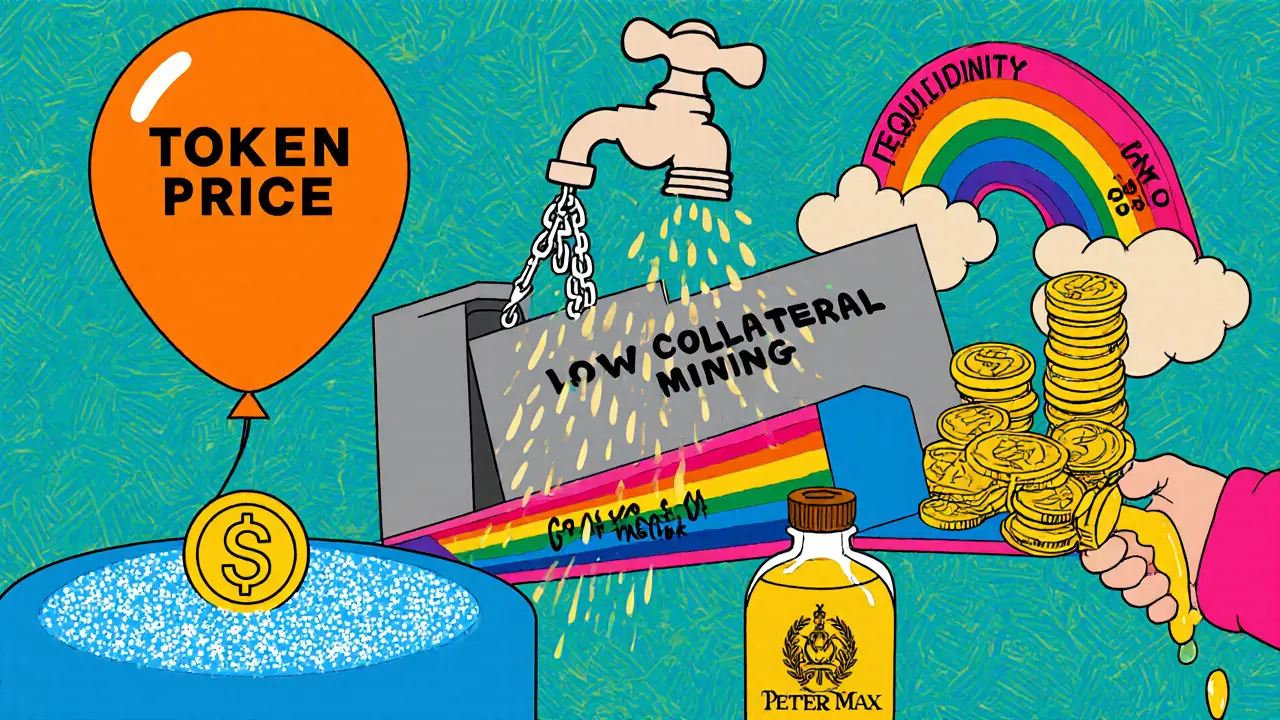 Illustration of various TVL inflation tactics: token balloon, coin rain, lever, bridge, and treasury bottle.