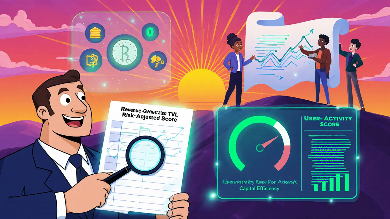 Scene of analysts reviewing transparent metrics like revenue, risk‑adjusted TVL, and user activity in a bright cartoon style.