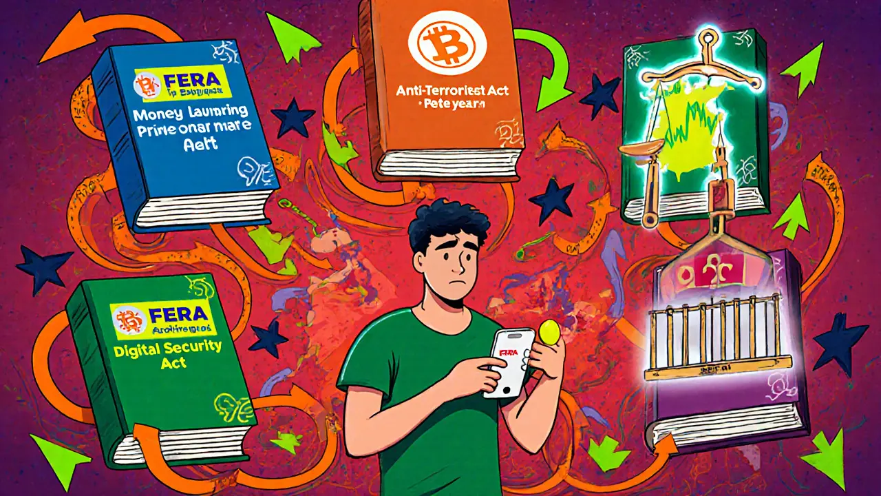 Trader in a maze of colorful law books and scales showing a 12‑year prison shadow.