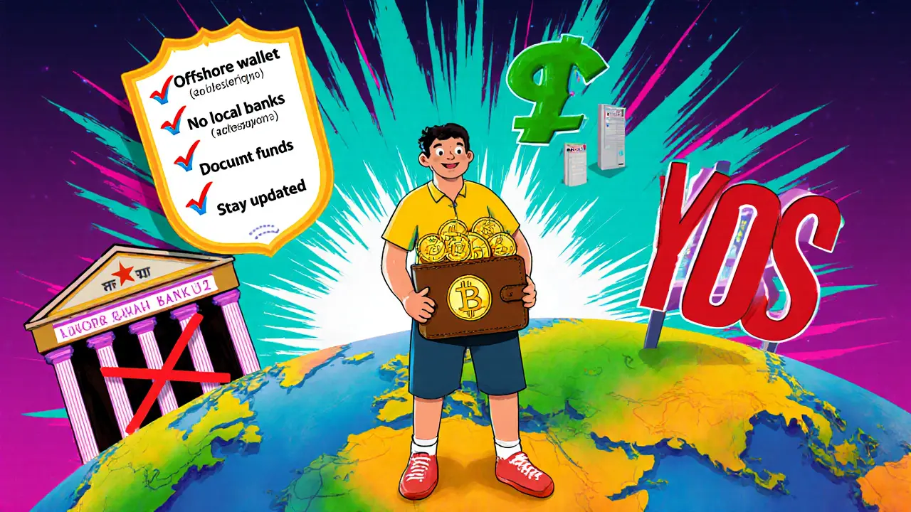 Traveler with an offshore crypto wallet, shield checklist, and blocked local bank.