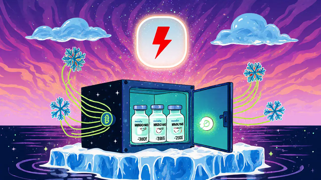 Colorful illustration of a cold‑chain vaccine container with sensors feeding data to a blockchain.