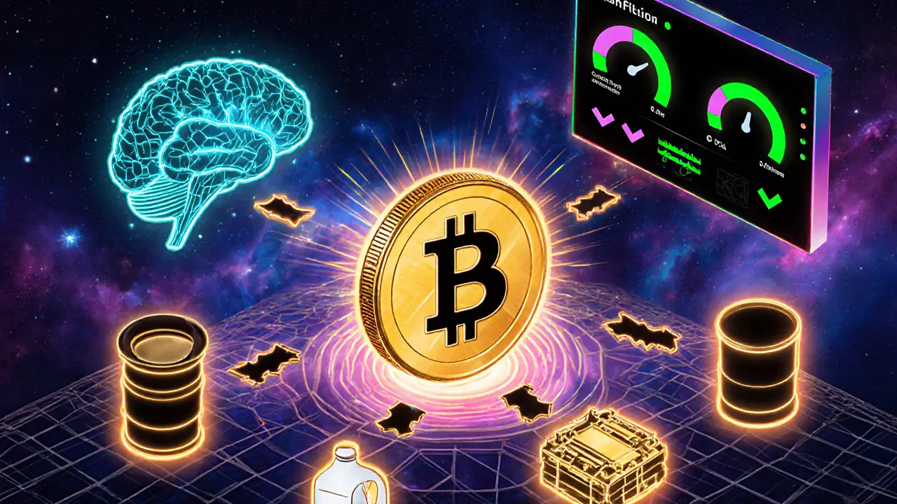 Future‑focused cartoon of tokenized goods, AI brain, and compliance dashboard linked by blockchain.