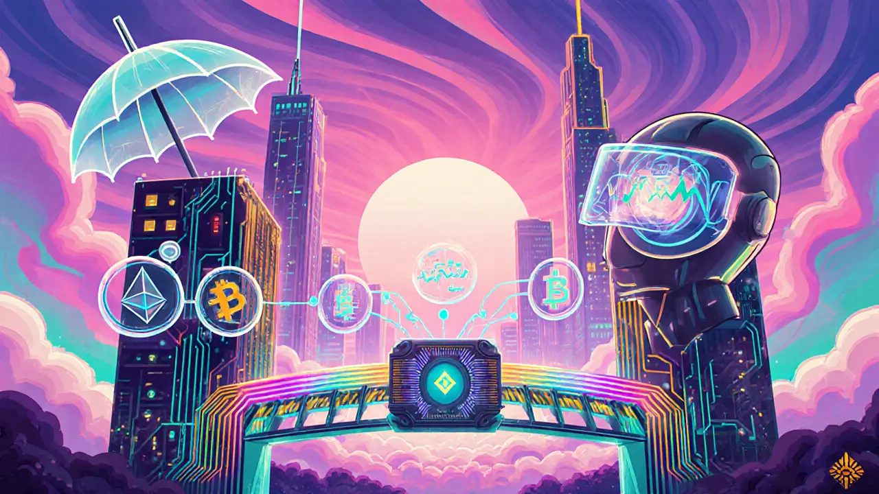 Futuristic city with cross‑chain bridge, AI robot scanning markets, and insurance umbrella over a vault.