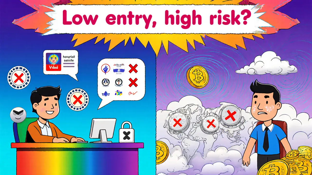 Split scene of a beginner using demo mode and an experienced trader facing security and coin limits.
