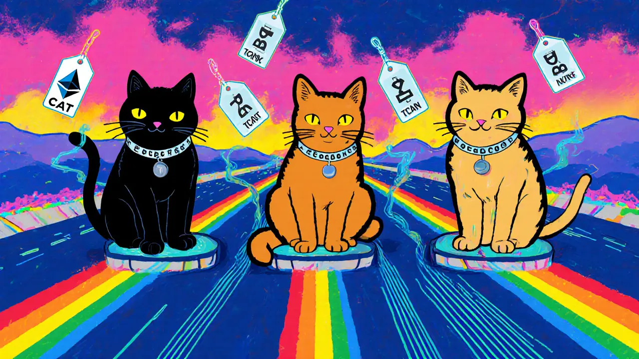 Three cat characters on different blockchain platforms with colorful data streams.
