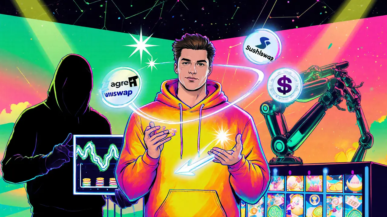 Trader juggling DEX logos, hacker manipulating prices, and giant hand lifting voting tokens.