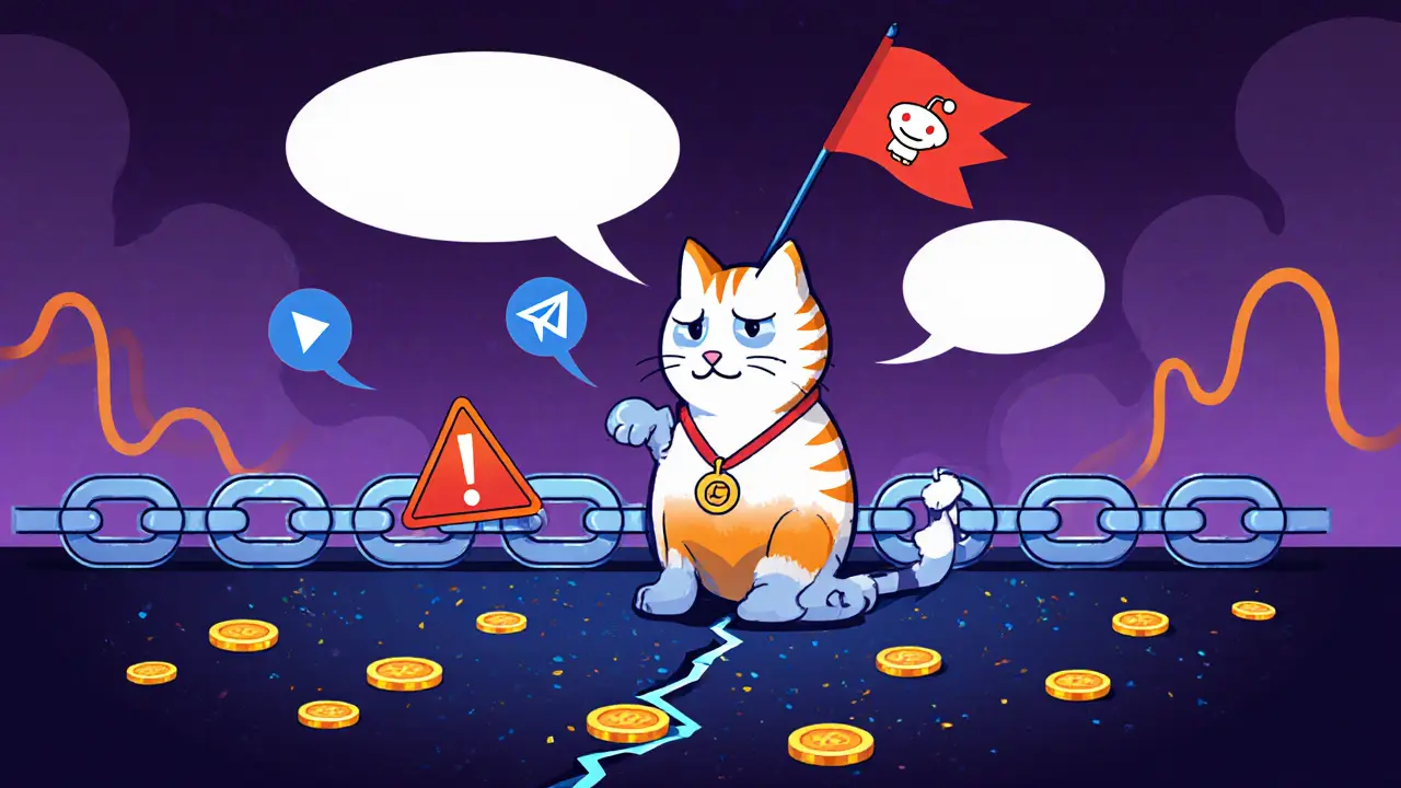 Worried cat beside broken chain and empty chat icons, warning flag overhead.