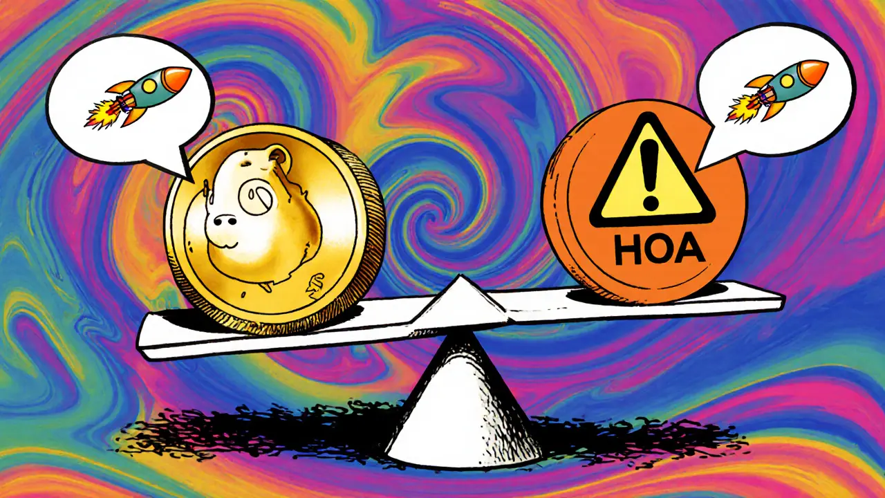 Balance scale with big Dogecoin on one side, tiny HOA token on the other, and a caution sign above HOA.