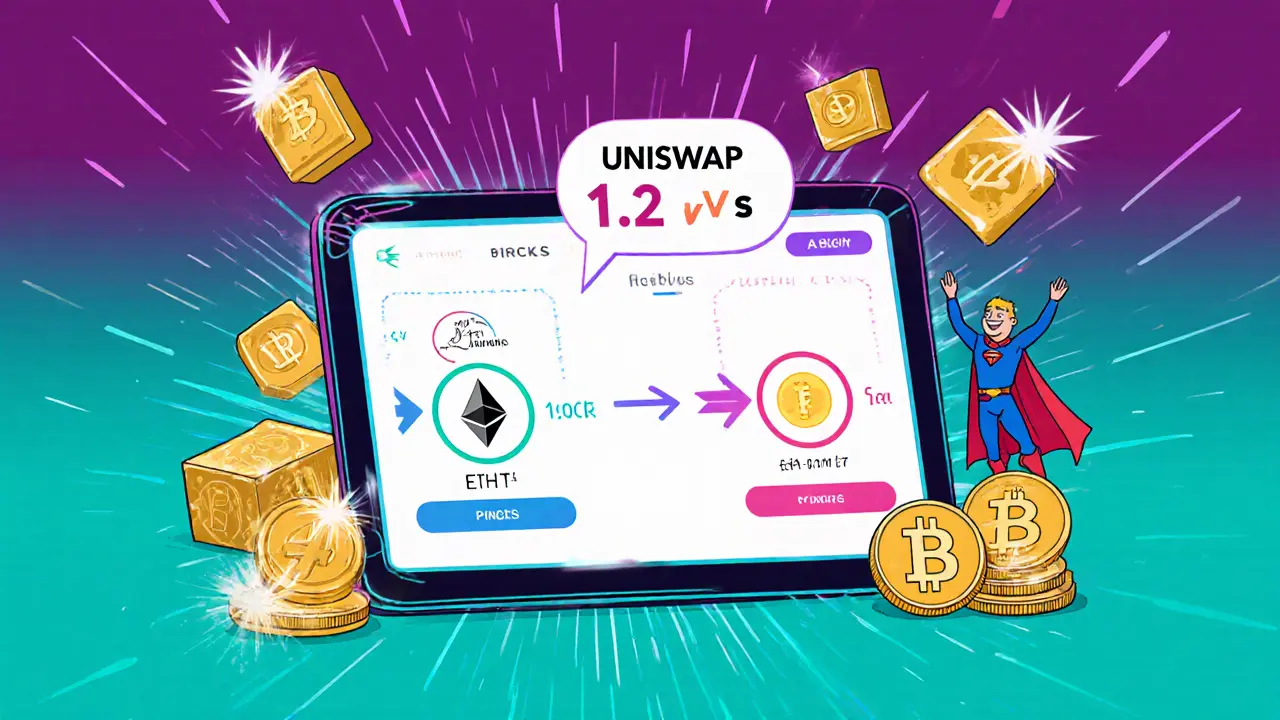 Cartoon interface showing fast Uniswap v3 trade on Unichain with tiny fee indicator.