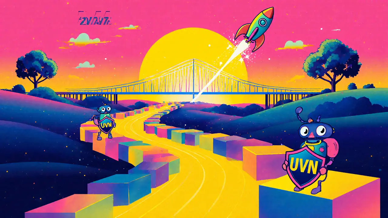 Futuristic cartoon roadmap with validators, 250 ms blocks and Superchain bridges.
