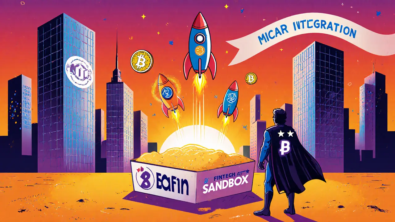 Futuristic city with a glowing sandbox, crypto rockets launching, and BaFin guardian overseeing.