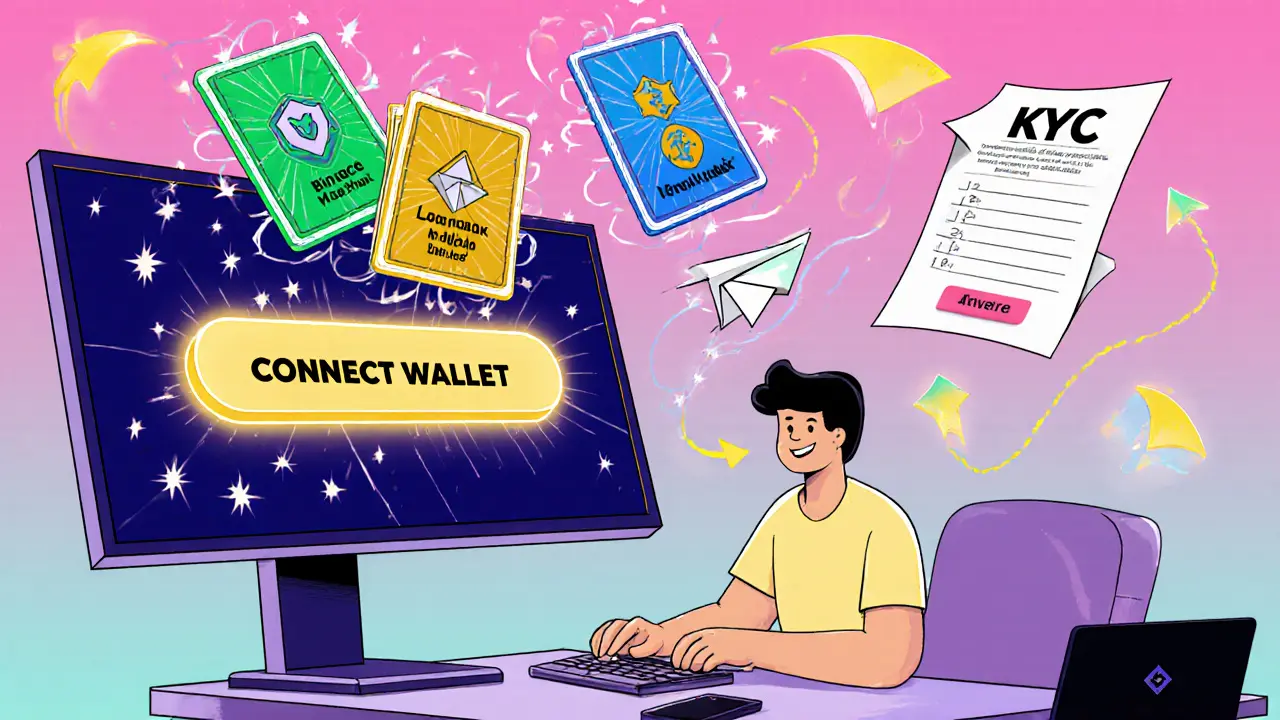 Gamer at computer connecting wallet, with floating Common, Rare, Legendary NFT cards and KYC paper airplane.