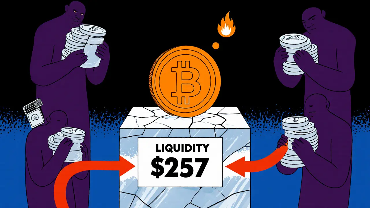 HOA coin on a tiny liquidity platform surrounded by large shadowy wallets and a thin red money river.