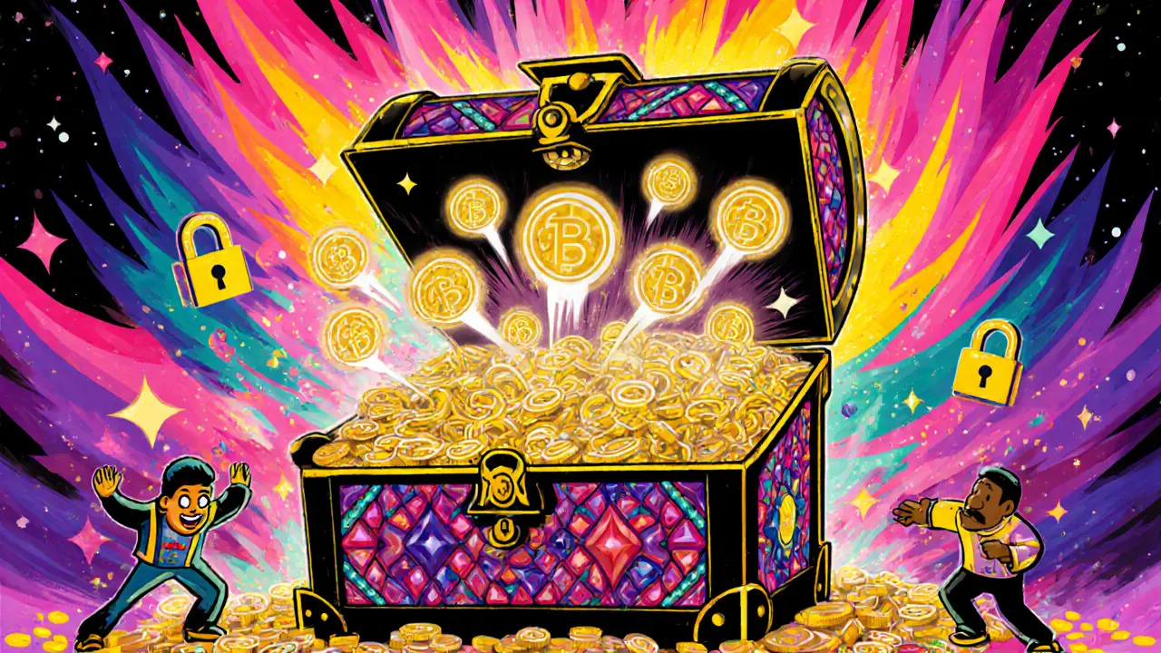 Legendary NFT treasure chest opening, releasing glowing NFT icons with vesting lock symbols in psychedelic colors.
