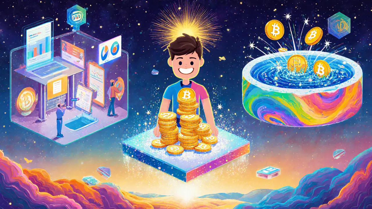 Avatar staking NFTL, liquidity pool whirl, and DAO voting chamber in vivid colors.