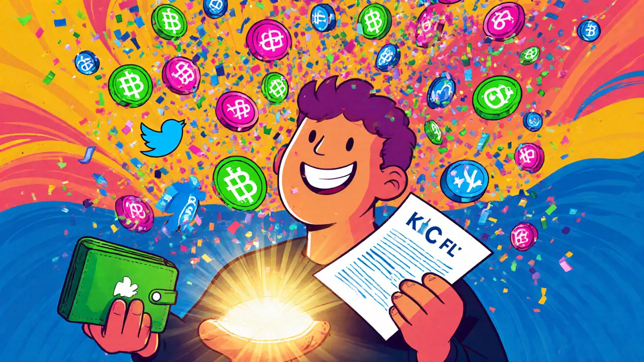 Cheerful avatar with wallet, Twitter bird, KYC form, and raining FLY tokens in bright style.