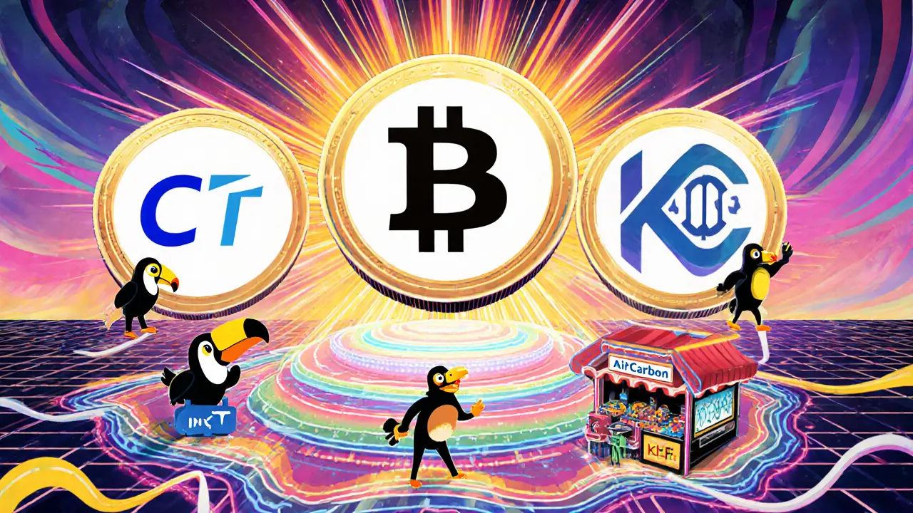 Collage of carbon credit tokens and platform mascots on a vibrant blockchain grid.