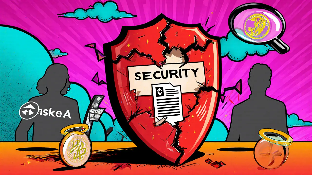 Colorful cracked security shield and missing license paper highlight BTCEXA red flags.