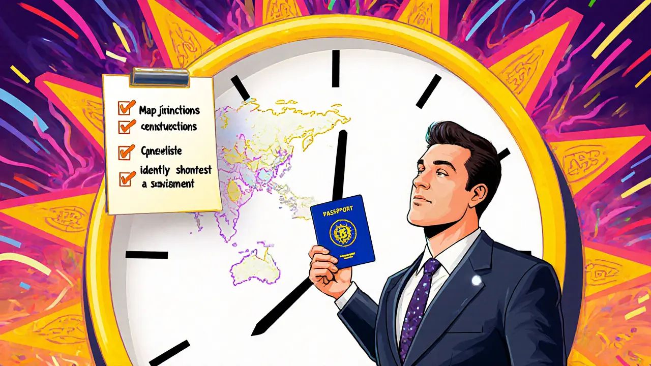 Executive with EU passport beside a crypto‑token clock and checklist.